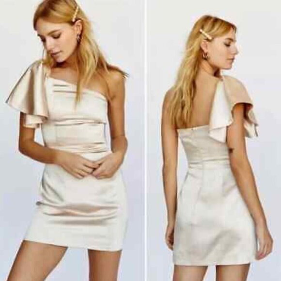 Fame & Partners X Free People size 6 champagne Cara one shoulder cocktail dress - Picture 1 of 13